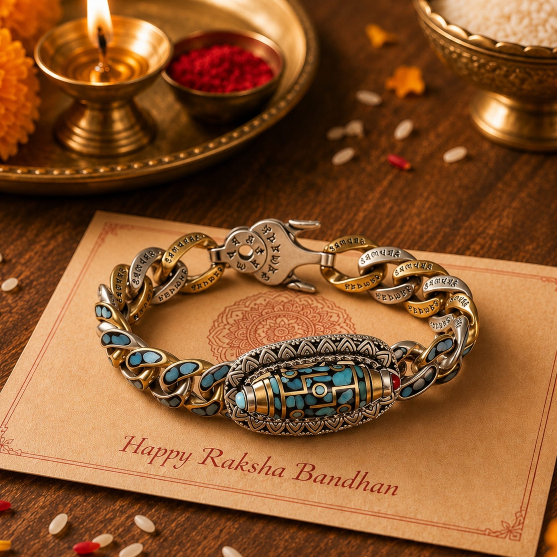 THE MEN THING The Perfect Rakhi Gift For Every Brother – TURQUOISE NINE-EYED DZI - Premium Genuine Copper Bracelet With Timeless Style (8 Inch)