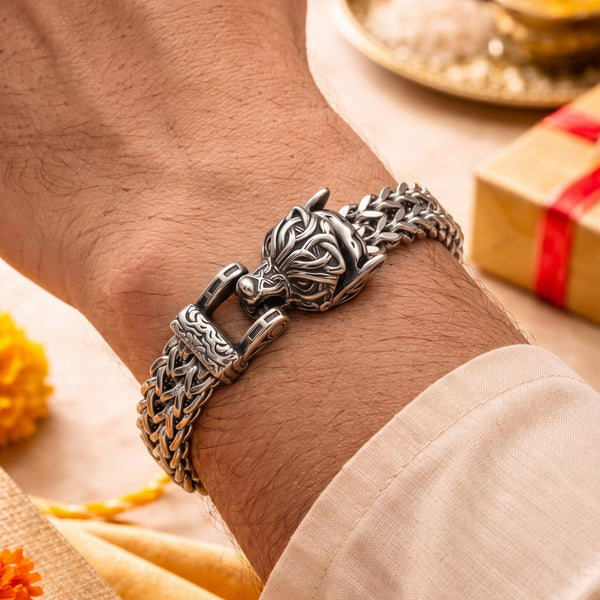 The Perfect Rakhi Gift For Every Brother – VIKING WOLF HEAD - Premium Genuine Titanium Steel Bracelet With Timeless Style (8 Inch)