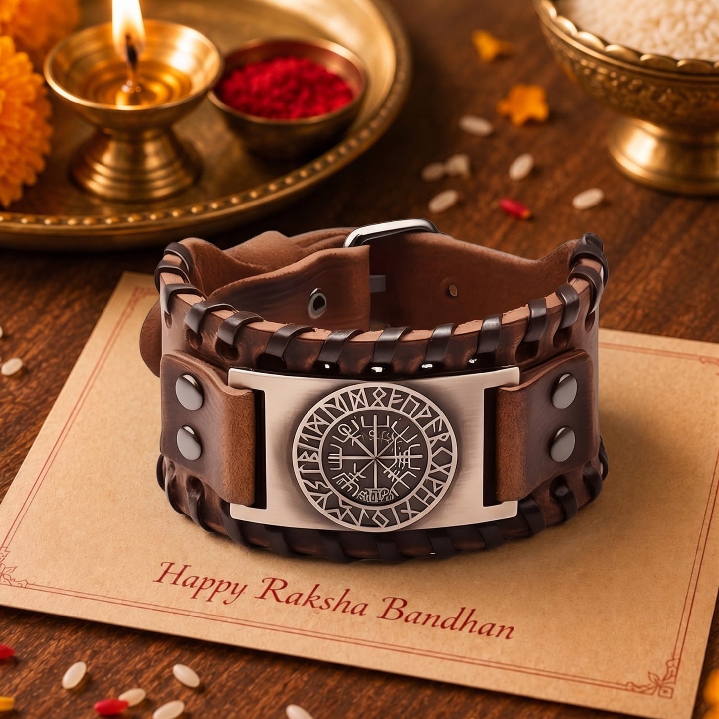 THE MEN THING The Perfect Rakhi Gift For Every Brother – WAYFINDER VIKING BROWN Premium Leather Bracelet With Timeless Style (8 Inch)