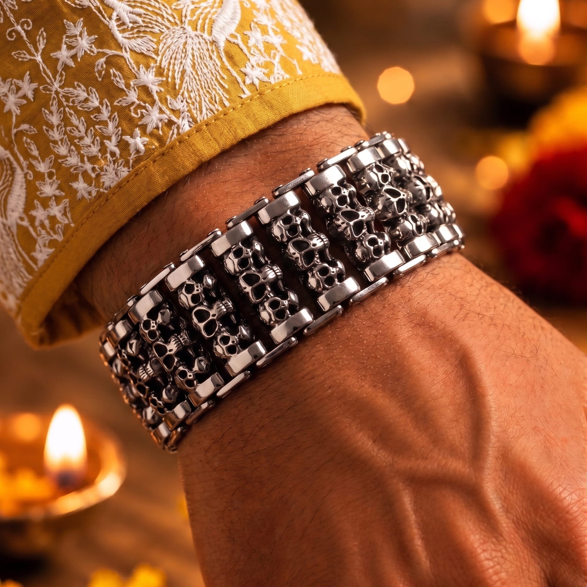 THE MEN THING The Perfect Rakhi Gift For Every Brother – WIDE SKULL - Premium Genuine Titanium Steel Bracelet With Timeless Style (8 Inch)