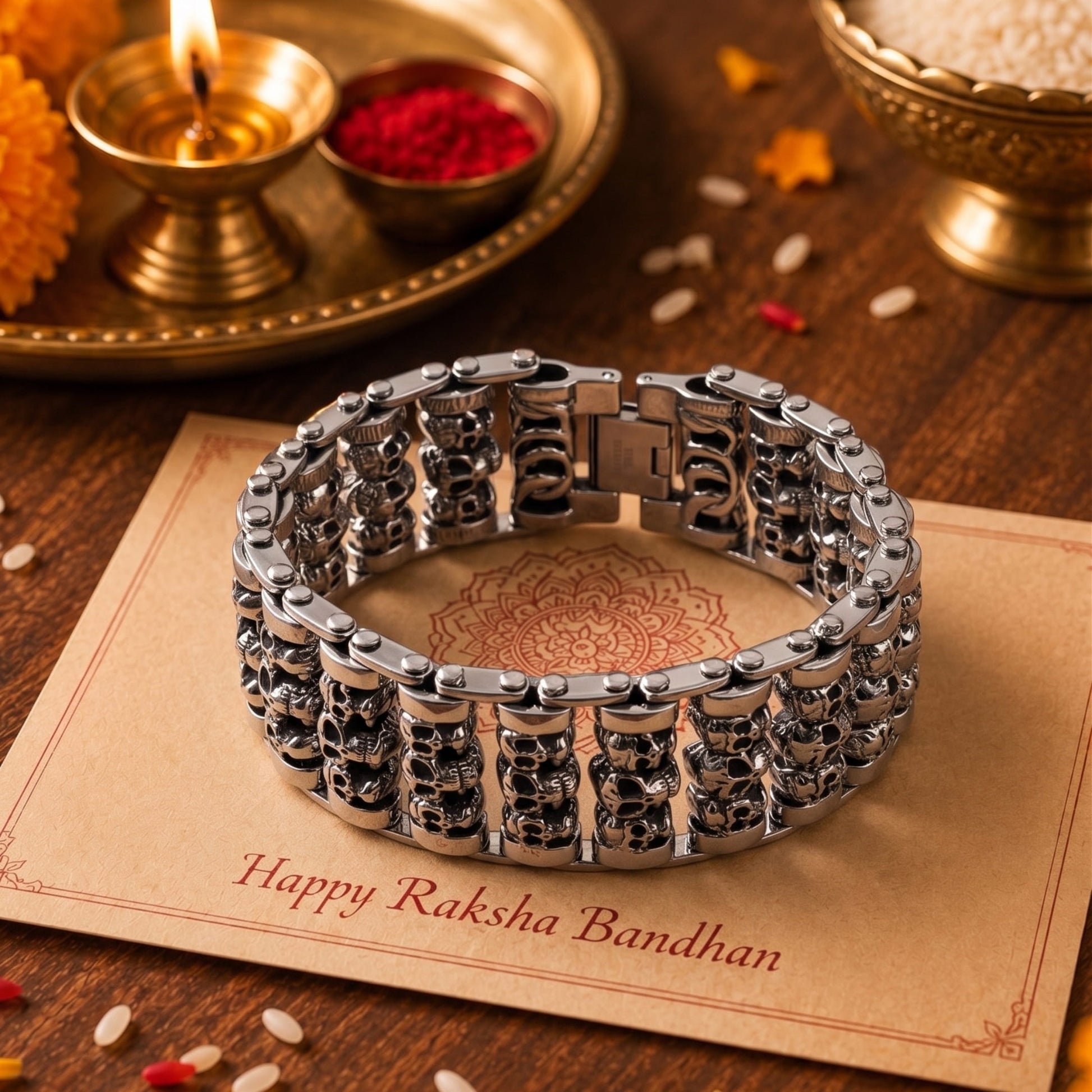 THE MEN THING The Perfect Rakhi Gift For Every Brother – WIDE SKULL - Premium Genuine Titanium Steel Bracelet With Timeless Style (8 Inch)