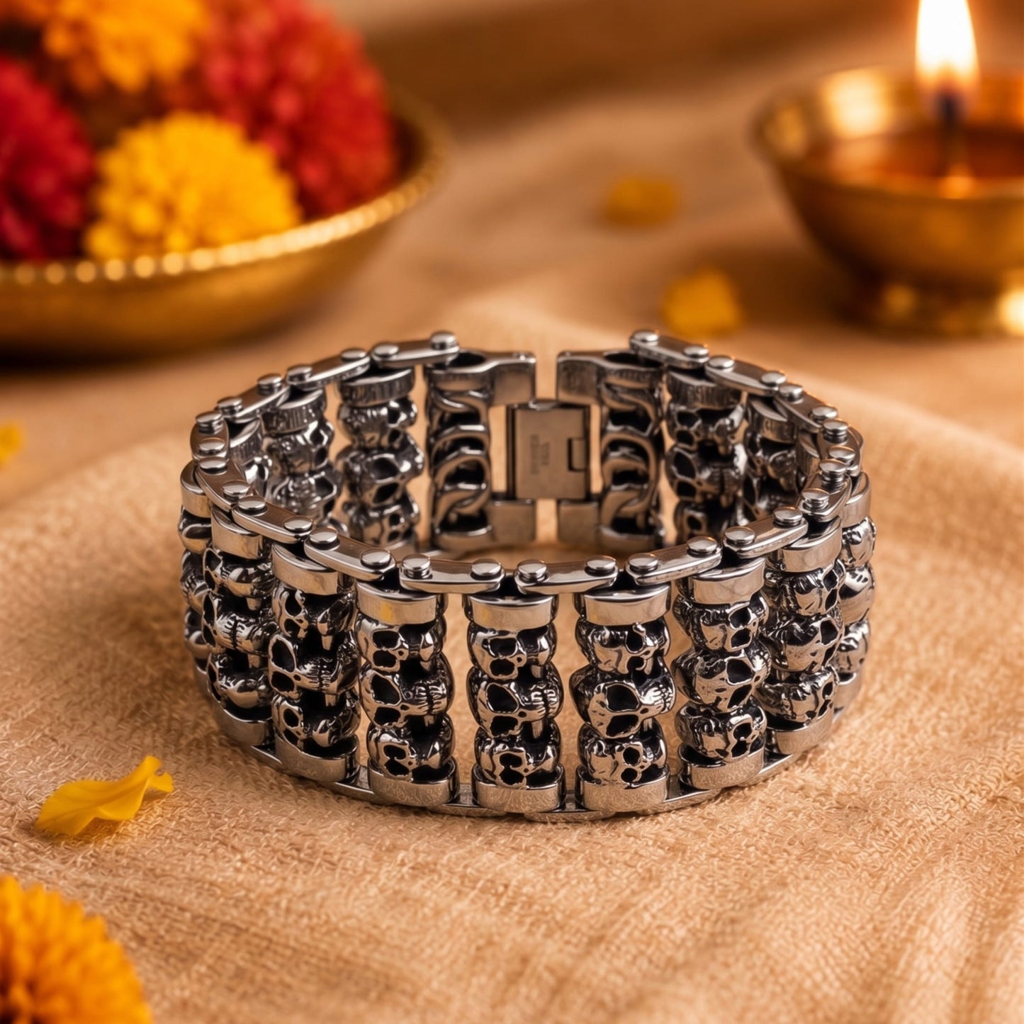 THE MEN THING The Perfect Rakhi Gift For Every Brother – WIDE SKULL - Premium Genuine Titanium Steel Bracelet With Timeless Style (8 Inch)